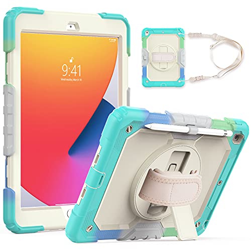 QYiD iPad Air 4 Hülle 2020 10.9 Zoll Heavy Duty Stoßfest Hülle mit 360 drehbarem Ständer / Handschlaufe Stifthalter & Displayschutzfolie für iPad Air 4th Generation & iPad Pro 11 2020/2018, Camouflage Blau von QYiD