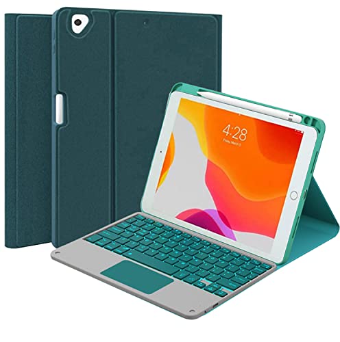 QYiiD Beleuchtete Tastatur Hülle für iPad 9.7,2018 (6 Generation)/9.7 2017 (5. Gen)/Pro 9.7/Air 2/Air 1, Hülle mit Tastatur, Deutscher QWERTZ Tastatur mit Touchpad Magnetisch Keyboard, DrakGreen von QYiiD