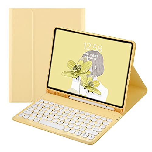 QYiiD Tastatur Hülle für iPad 9.7 (6./5. Generation)/Pro 9.7/Air 2/Air 1 - QWERTZ Kabellose Abnehmbare Bluetooth-Tastatur Mit Runden Tasten und Stifthalter, Gelb von QYiiD