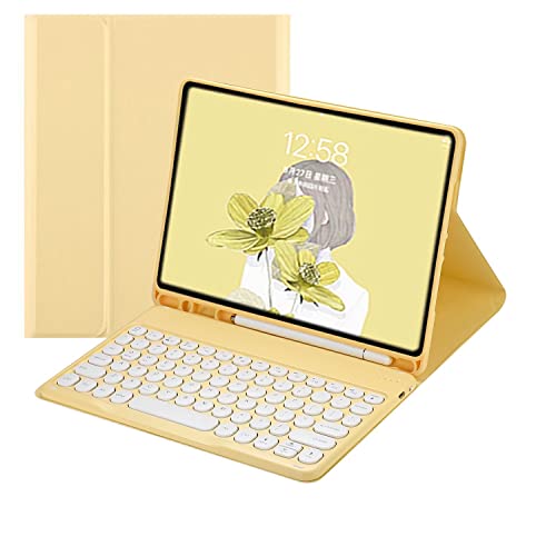 QYiiD Tastatur-Hülle für iPad Air 5. Generation 2022 / 4. Generation Farbtastatur, niedliche runde Taste, Air 27,7 cm (10,9 Zoll), abnehmbare magnetische Tastatur, Smart Cover mit Stifthalter, Gelb von QYiiD