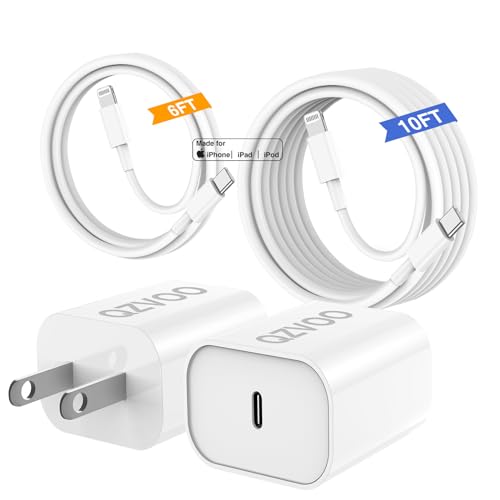 (6 Fuß + 10 Fuß) iPhone 14 13 12 Ladegerät, MFi-zertifiziertes Apple-Schnellladekabel mit 20-W-USB-C-Ladeblock, Typ-C-auf-Lightning-Kabel, Schnellladung für iPhone 14/14 Pro/14 Pro Max/13/12/11/XS/SE von QZVOO