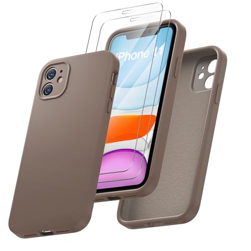Qasyfanc HandyHülle für iPhone 11 Hülle Silikon case mit 2 Stück Panzerfolie, Ultra Microfiber TPU Flüssig silikon mit Kameraschutz Kratzfeste Rundumschutz Schutzhülle 6.1''-braun von Qasyfanc