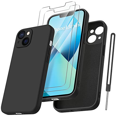 Qasyfanc HandyHülle für iPhone 13 Mini Hülle Silikon case mit 2 Stück Panzerfolie, Ultra Microfiber TPU Flüssig silikon mit Kameraschutz Kratzfeste Rundumschutz Schutzhülle 5.4'' (Schwarz) von Qasyfanc