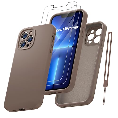 Qasyfanc HandyHülle für iPhone 13 pro max Hülle Silikon case mit 2 Stück Panzerfolie, Ultra Microfiber TPU Flüssig silikon mit Kameraschutz Kratzfeste Rundumschutz Schutzhülle 6.7''-braun von Qasyfanc