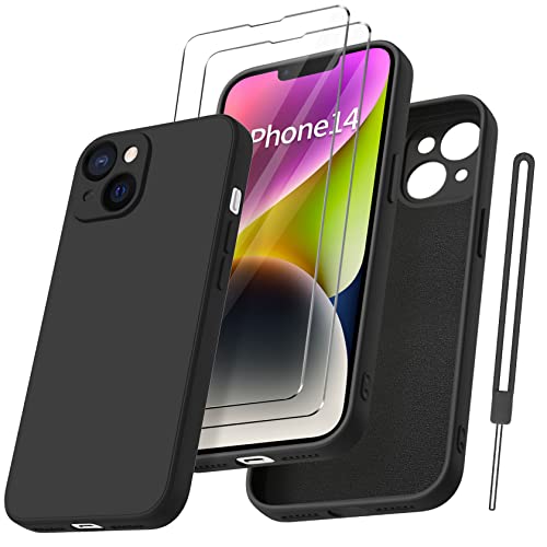 Qasyfanc HandyHülle für iPhone 14 Hülle Silikon case mit 2 Stück Panzerfolie, Ultra Microfiber TPU Flüssig silikon mit Kameraschutz Kratzfeste Rundumschutz Schutzhülle 6.1''- Schwarz von Qasyfanc