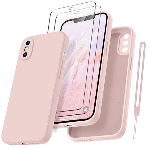 Qasyfanc HandyHülle für iPhone X Hülle, iPhone XS Hülle Silikon case mit 2 Stück Panzerfolie, Ultra Microfiber TPU Flüssig silikon mit Kameraschutz Rundumschutz Schutzhülle - Rosa von Qasyfanc