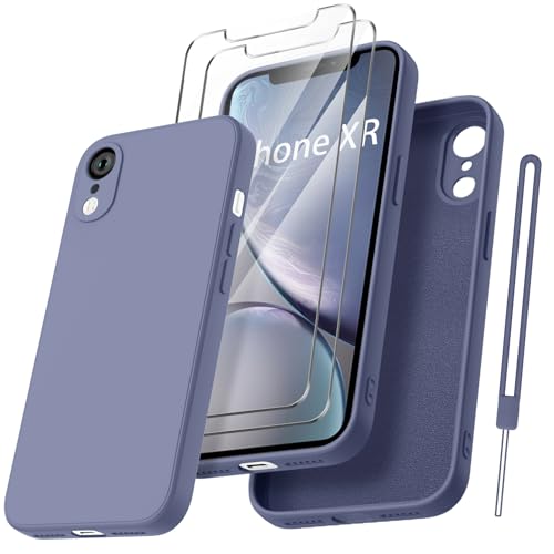 Qasyfanc HandyHülle für iPhone XR Hülle Silikon case mit 2 Stück Panzerfolie, Ultra Microfiber TPU Flüssig silikon mit Kameraschutz Kratzfeste Rundumschutz Schutzhülle 6.1'' - Blue-grau von Qasyfanc