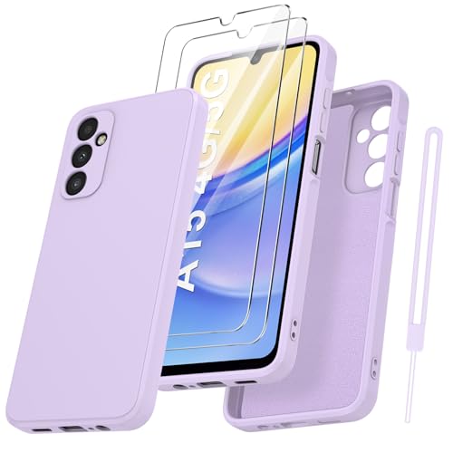 Qasyfanc Handyhülle für Samsung Galaxy A15 4G/5G Hülle mit 2 Stück Schutzfolie, Soft TPU Silikon Case Ultra Dünn Microfiber Kameraschutz Anti-Kratzer Hülle für Samsung Galaxy A15 - Violett von Qasyfanc