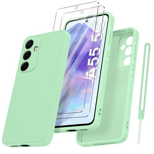 Qasyfanc Handyhülle für Samsung Galaxy A55 5G Hülle mit 2 Stück Schutzfolie, Soft TPU Silikon Case Ultra Dünn Microfiber Kameraschutz Anti-Kratzer Hülle für Samsung Galaxy A55 - Matcha Grün von Qasyfanc