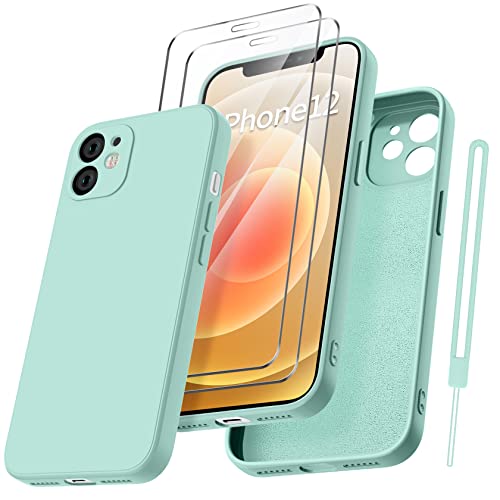 Qasyfanc Handyhülle für iPhone 12 Hülle mit 2 Stück Hartglas Schutzfolie, Silikon Case Ultra Dünn Kameraschutz Rundumschutz Anti-Kratzer Handyhülle für iPhone 12 6.1" - Mint Grün von Qasyfanc