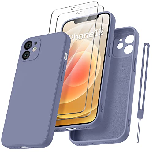 Qasyfanc Handyhülle für iPhone 12 Hülle mit 2 Stück Hartglas Schutzfolie, Silikon Case Ultra Dünn Microfiber Kameraschutz Rundumschutz Anti-Kratzer Handyhülle für iPhone 12 6.1" (Blau grau) von Qasyfanc