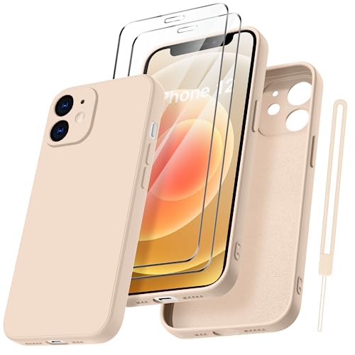 Qasyfanc Handyhülle für iPhone 12 Hülle mit 2 Stück Hartglas Schutzfolie, Silikon Case Ultra Dünn Microfiber Kameraschutz Rundumschutz Anti-Kratzer Handyhülle für iPhone 12 6.1" - Khaki von Qasyfanc