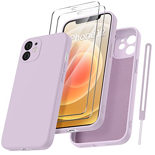 Qasyfanc Handyhülle für iPhone 12 Hülle mit 2 Stück Hartglas Schutzfolie, Silikon Case Ultra Dünn Microfiber Kameraschutz Rundumschutz Anti-Kratzer Handyhülle für iPhone 12 6.1" - Lila von Qasyfanc