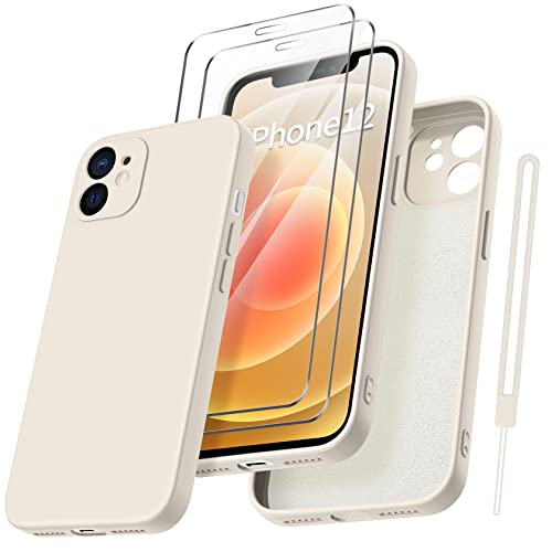 Qasyfanc Handyhülle für iPhone 12 Hülle mit 2 Stück Hartglas Schutzfolie, Silikon Case Ultra Dünn Microfiber Kameraschutz Rundumschutz Anti-Kratzer Handyhülle für iPhone 12 6.1" - Weiß von Qasyfanc