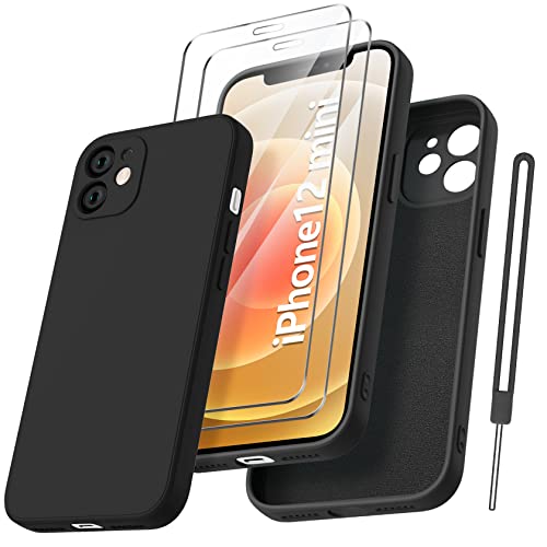 Qasyfanc Handyhülle für iPhone 12 Mini Hülle mit 2 Stück Hartglas Schutzfolie, Silikon Case Ultra Dünn Microfiber Kameraschutz Rundumschutz Anti-Kratzer Handyhülle für iPhone 12 Mini 5.4'' - Schwarz von Qasyfanc