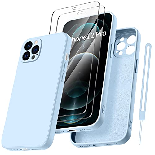 Qasyfanc Handyhülle für iPhone 12 Pro Hülle mit 2 Stück Hartglas Schutzfolie, Silikon Case Ultra Dünn Microfiber Kameraschutz Rundumschutz Anti-Kratzer Handyhülle für iPhone 12 Pro 6.1" - Hellblau von Qasyfanc