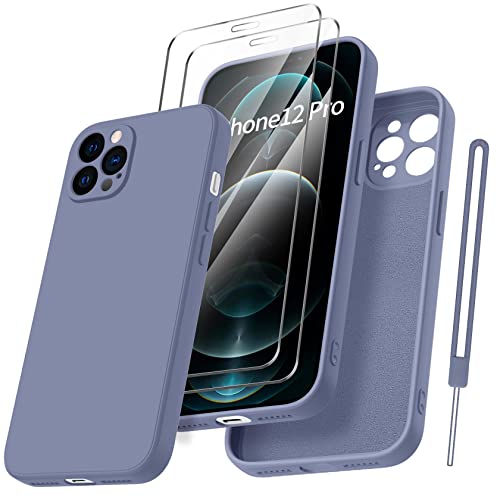 Qasyfanc Handyhülle für iPhone 12 Pro Hülle mit 2 Stück Hartglas Schutzfolie, Silikon Case Ultra Dünn Microfiber Kameraschutz Rundumschutz Anti-Kratzer Handyhülle für iPhone 12 Pro 6.1" - Blau grau von Qasyfanc