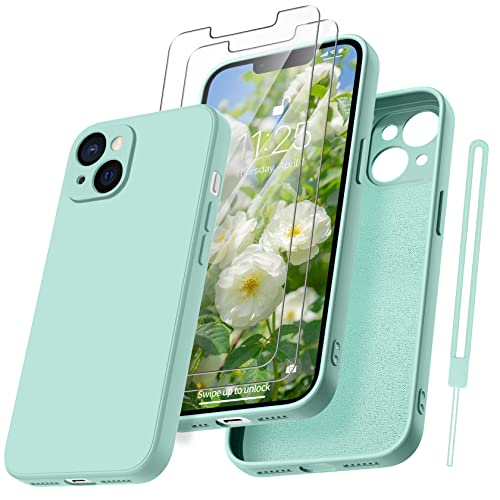 Qasyfanc Handyhülle für iPhone 13 Hülle mit 2 Stück Hartglas Schutzfolie, Silikon Case Ultra Dünn Microfiber Kameraschutz Rundumschutz Anti-Kratzer Handyhülle für iPhone 13 6.1'' (Mintgrün) von Qasyfanc