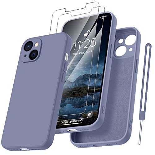 Qasyfanc Handyhülle für iPhone 13 Hülle mit 2 Stück Hartglas Schutzfolie, Silikon Case Ultra Dünn Microfiber Kameraschutz Rundumschutz Anti-Kratzer Handyhülle für iPhone 13 6.1''- Blau-grau von Qasyfanc