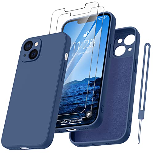 Qasyfanc Handyhülle für iPhone 13 Hülle mit 2 Stück Hartglas Schutzfolie, Silikon Case Ultra Dünn Microfiber Kameraschutz Rundumschutz Anti-Kratzer Handyhülle für iPhone 13 6.1''- Dunkelblau von Qasyfanc