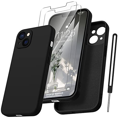 Qasyfanc Handyhülle für iPhone 13 Hülle mit 2 Stück Hartglas Schutzfolie, Silikon Case Ultra Dünn Microfiber Kameraschutz Rundumschutz Anti-Kratzer Handyhülle für iPhone 13 6.1'' - Schwarz von Qasyfanc