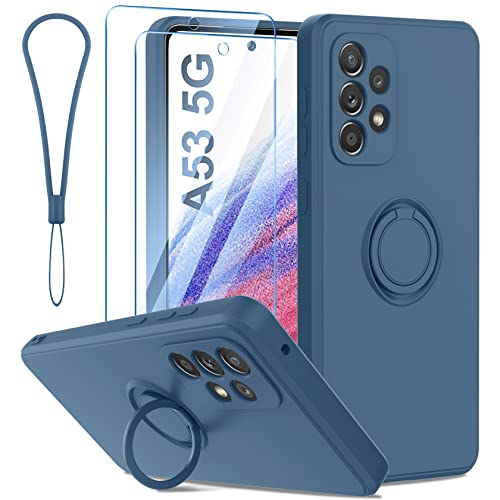 Qasyfanc Hülle Kompatibel für Samsung Galaxy A53 5G Handyhülle mit 2 Stück Schutzfolie, 360 Grad Ring Halter Ständer Silikon Schutzhülle mit Kameraschutz, Weiches Mikrofaserfutter Case (Blau) von Qasyfanc