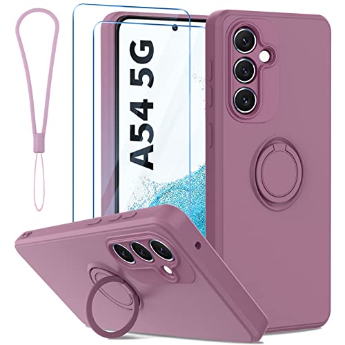 Qasyfanc Hülle Kompatibel für Samsung Galaxy A54 5G Handyhülle mit 2 Stück Schutzfolie, 360 Grad Ring Halter Ständer Silikon Schutzhülle mit Kameraschutz, Weiches Mikrofaserfutter Case (Violett) von Qasyfanc