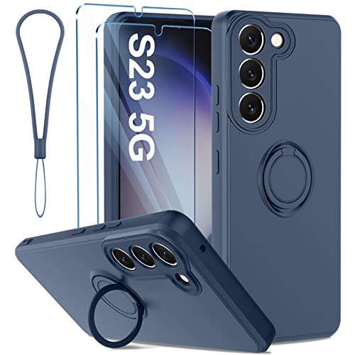 Qasyfanc Hülle Kompatibel für Samsung Galaxy S23 5G Handyhülle mit 2 Schutzfolie, 360 Grad Ring Halter Ständer Silikon Schutzhülle mit Kameraschutz, Weiches Mikrofaserfutter Case (Blau) von Qasyfanc