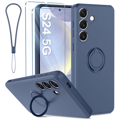 Qasyfanc Hülle Kompatibel für Samsung Galaxy S24 5G Handyhülle mit 2 Schutzfolie, 360 Grad Ring Halter Ständer Silikon Schutzhülle mit Kameraschutz, Weiches Mikrofaserfutter Case (Blau) von Qasyfanc