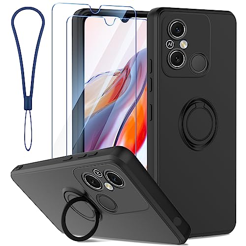 Qasyfanc Hülle Kompatibel für Xiaomi Redmi 12C/11A Handyhülle mit 2 Schutzfolie, 360 Grad Ring Halter Ständer Silikon Schutzhülle mit Kameraschutz, Weiches Mikrofaserfutter Case (Schwarz) von Qasyfanc