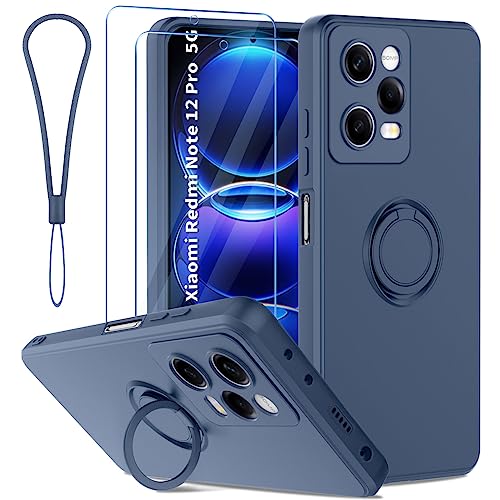 Qasyfanc Hülle Kompatibel für Xiaomi Redmi Note 12 Pro 5G (Nicht für 4G) Handyhülle mit 2 Schutzfolie, 360 Grad Ring Halter Ständer Silikon Schutzhülle mit Kameraschutz, Weiches Mikrofaserfutter Blau von Qasyfanc