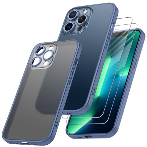 Qasyfanc Hybrid Cover kompatibel mit iPhone 13 Pro, Schutzhülle iPhone 13 Pro dünn, stoßfest, mit Kameraschutz und 2 Displayschutzfolien aus gehärtetem Glas, Blau von Qasyfanc