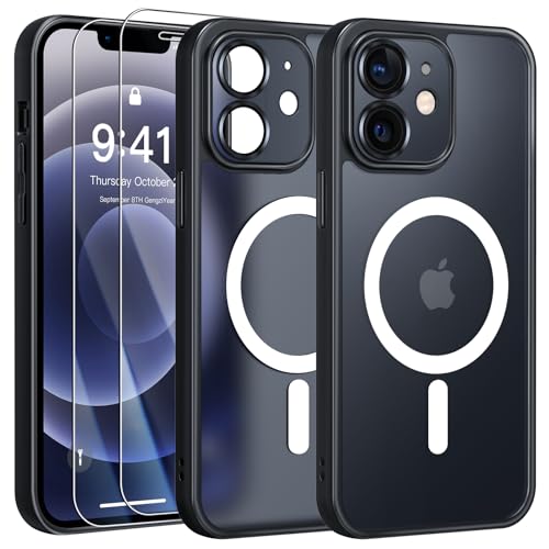 Qasyfanc Hybrid Magnet Handyhülle Kompatibel für iPhone 12 KameraschutzHülle mit 2 Stück Schutzfolie, Magnetisch Dünn Transluzent Matt Stoßfest Hülle iPhone 12 Case, Schwarz von Qasyfanc