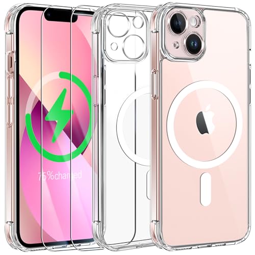 Qasyfanc Hybrid Magnet Hülle Kompatibel für iPhone 13 KameraschutzHülle mit 2 Stück Schutzfolie, Kompatibel mit MagSafe Magnetisch für Dünn Transparent Militärschutz Hülle iPhone 13 Case, Klar von Qasyfanc