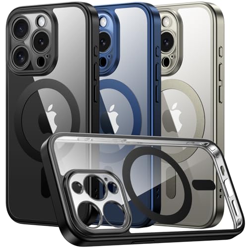 Qasyfanc Hybrid Magnet Hülle Kompatibel mit iPhone 15 Pro KameraschutzHülle, Magnetisch für Dünn Militärschutz Hülle iPhone 15 Pro Case, Transparent Rückseite (Schwarz) von Qasyfanc