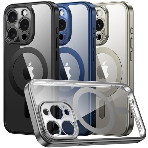 Qasyfanc Hybrid Magnet Hülle Kompatibel mit iPhone 15 Pro KameraschutzHülle, Magnetisch für Dünn Militärschutz Hülle iPhone 15 Pro Case, Transparent Rückseite (Silbrig) von Qasyfanc