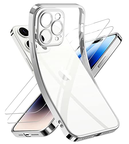 Qasyfanc Kameraschutzhülle Kompatibel für iPhone 14 Pro Max Hülle mit 2 Stück Schutzfolie, iPhone 14 Pro Max Case Vergilbungsfrei Dünne Weiche Silikon Handyhülle für Frauen Mädchen, Silber von Qasyfanc