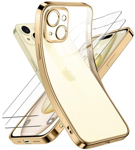 Qasyfanc Kameraschutzhülle Kompatibel für iPhone 15 Hülle mit 2 Stück Schutzfolie, iPhone 15 Case Vergilbungsfrei Dünne Weiche Silikon Handyhülle für Frauen Mädchen, Gold von Qasyfanc