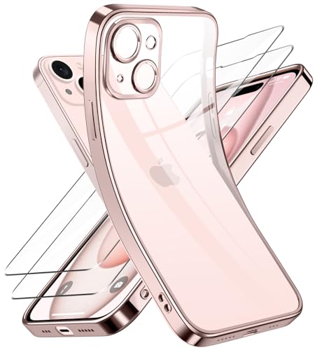 Qasyfanc Kameraschutzhülle Kompatibel für iPhone 15 Hülle mit 2 Stück Schutzfolie, iPhone 15 Case Vergilbungsfrei Dünne Weiche Silikon Handyhülle für Frauen Mädchen, Roségold von Qasyfanc