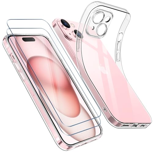 Qasyfanc Kameraschutzhülle Kompatibel für iPhone 15 Plus Hülle Transparent mit 2 Stück Schutzfolie, Handyhülle iPhone 15 Plus Dünne Weiche Silikon Anti-Gelb Schutzhülle, Durchsichtig von Qasyfanc