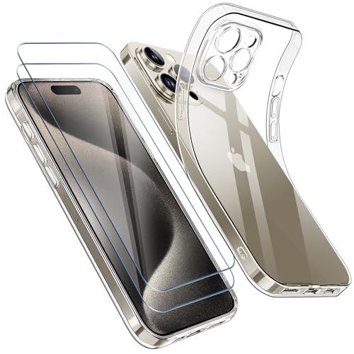 Qasyfanc Kameraschutzhülle Kompatibel für iPhone 15 Pro Hülle Transparent mit 2 Stück Schutzfolie, Handyhülle iPhone 15 Pro Dünne Weiche Silikon Anti-Gelb Schutzhülle, Durchsichtig von Qasyfanc