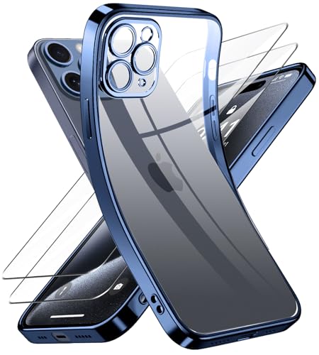 Qasyfanc Kameraschutzhülle Kompatibel für iPhone 15 Pro Hülle mit 2 Stück Schutzfolie, iPhone 15 Pro Case Vergilbungsfrei Dünne Weiche Silikon Handyhülle für Frauen Mädchen, Blau von Qasyfanc
