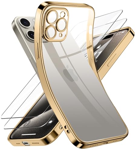 Qasyfanc Kameraschutzhülle Kompatibel für iPhone 15 Pro Hülle mit 2 Stück Schutzfolie, iPhone 15 Pro Case Vergilbungsfrei Dünne Weiche Silikon Handyhülle für Frauen Mädchen, Gold von Qasyfanc