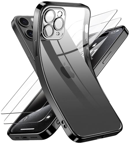 Qasyfanc Kameraschutzhülle Kompatibel für iPhone 15 Pro Hülle mit 2 Stück Schutzfolie, iPhone 15 Pro Case Vergilbungsfrei Dünne Weiche Silikon Handyhülle für Frauen Mädchen, Schwarz von Qasyfanc