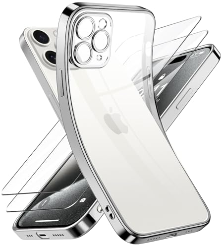 Qasyfanc Kameraschutzhülle Kompatibel für iPhone 15 Pro Hülle mit 2 Stück Schutzfolie, iPhone 15 Pro Case Vergilbungsfrei Dünne Weiche Silikon Handyhülle für Frauen Mädchen, Silber von Qasyfanc