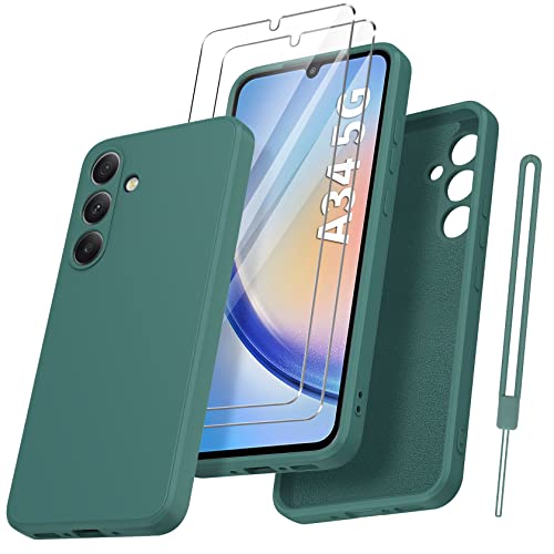 Qasyfanc für Samsung Galaxy A34 5G Hülle mit 2 Stück Hartglas Schutzfolie, Silikon Case Ultra Dünn Microfiber Kameraschutz Rundumschutz Anti-Kratzer Handyhülle für Samsung A34 5G (Dunkelgrün) von Qasyfanc