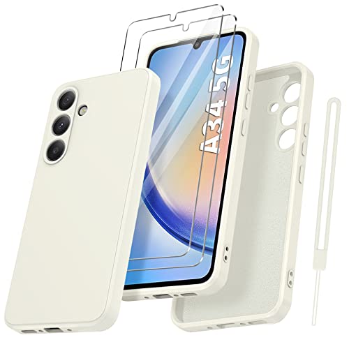 Qasyfanc für Samsung Galaxy A34 5G Hülle mit 2 Stück Hartglas Schutzfolie, Silikon Case Ultra Dünn Microfiber Kameraschutz Rundumschutz Anti-Kratzer Handyhülle für Samsung A34 5G (Khaki) von Qasyfanc