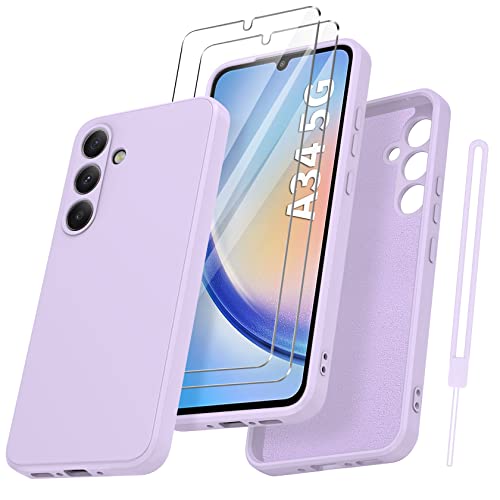 Qasyfanc für Samsung Galaxy A34 5G Hülle mit 2 Stück Hartglas Schutzfolie, Silikon Case Ultra Dünn Microfiber Kameraschutz Rundumschutz Anti-Kratzer Handyhülle für Samsung A34 5G (Lila) von Qasyfanc