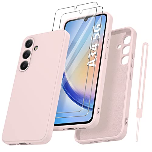 Qasyfanc für Samsung Galaxy A34 5G Hülle mit 2 Stück Hartglas Schutzfolie, Silikon Case Ultra Dünn Microfiber Kameraschutz Rundumschutz Anti-Kratzer Handyhülle für Samsung A34 5G (Rosa) von Qasyfanc