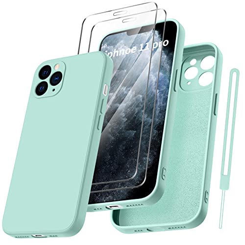 Qasyfanc für iPhone 11 Pro Hülle mit 2 Stück Hartglas Schutzfolie, Silikon Case Ultra Dünn Microfiber Kameraschutz Rundumschutz Anti-Kratzer Handyhülle für iPhone 11 Pro 5.8'' - Mintgrün von Qasyfanc